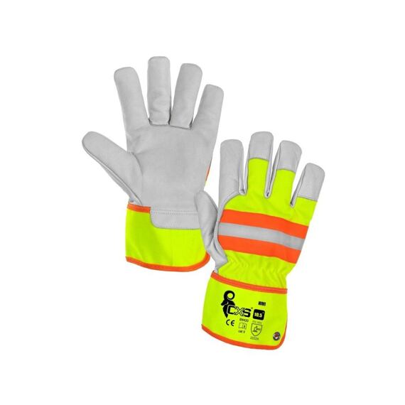CXS rukavice pracovní HIVI, kombinované, kozinková lícovka, reflexní, kovové očko, vel. 10,5