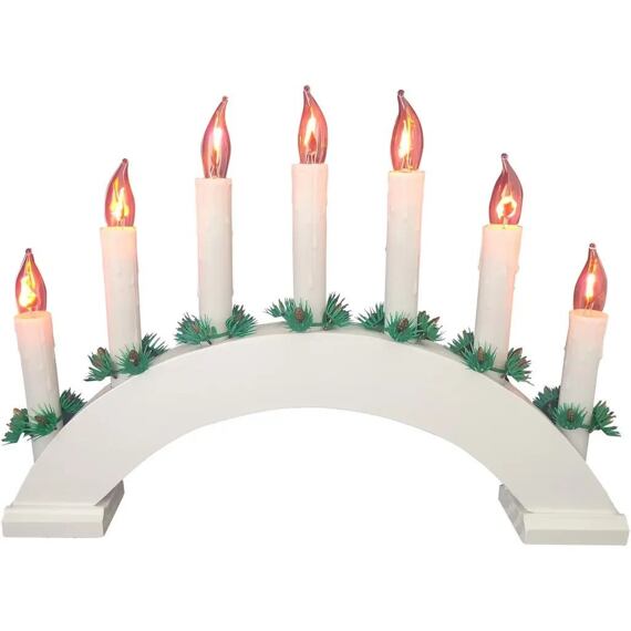 svícen vánoční dřevěný 230V, 7 svíček PLAMEN, oblouk, bílý, 791879
